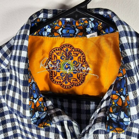 Robert Graham Button Up Shirt Men's Size L Blue Plaid Stained Glass Flip Cuff - Picture 2 of 13
